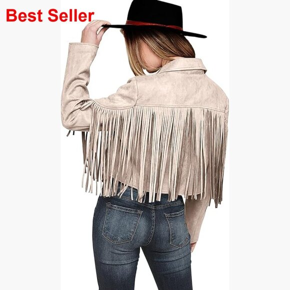 Jackets & Blazers - Faux Suede Fringe Motorcycle Cropped Jacket with Tassel Design